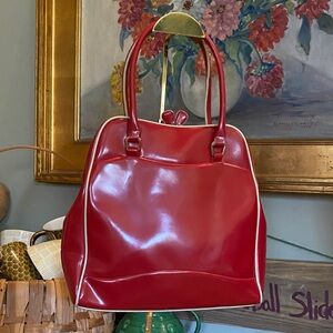 Vintage Liz Claiborne Red and Cream Piped Bowling Style Bag